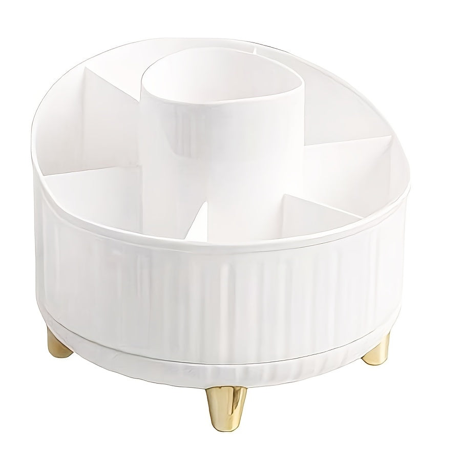 Pink and Gold Rotating Makeup Organizer with Multiple Compartments and Brush Holder