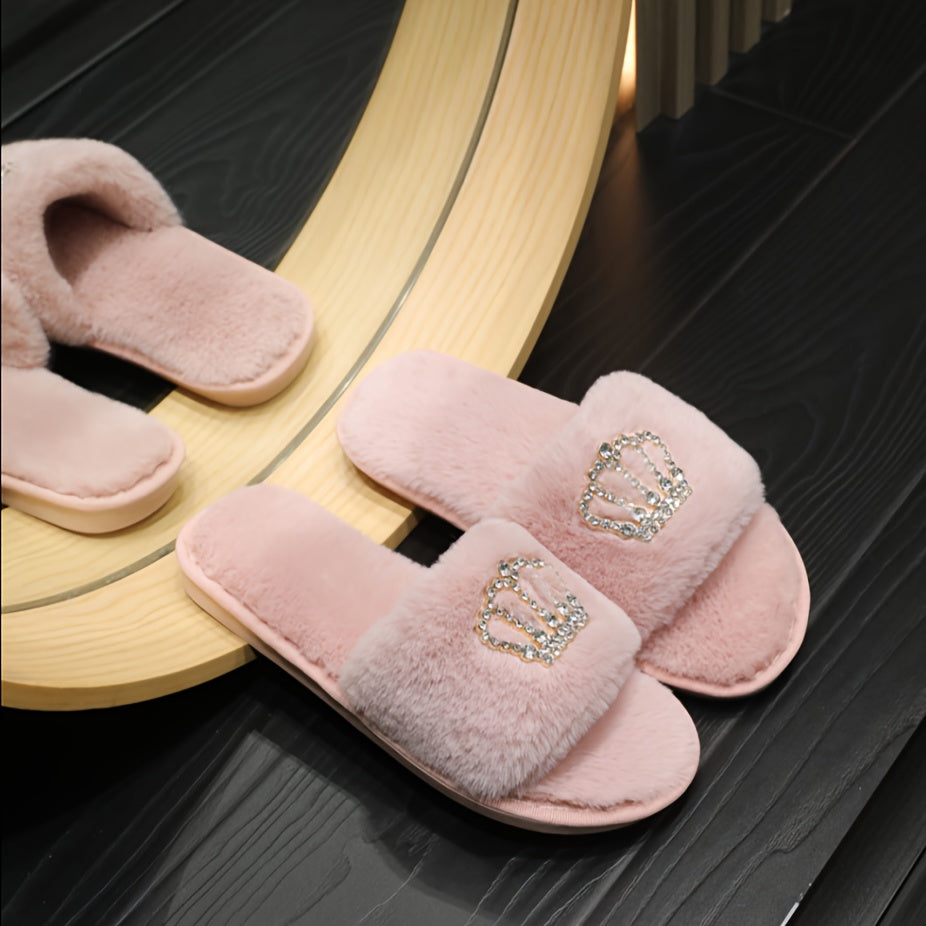 Women's Fuzzy Slippers Rhinestone Crown Indoor Non-slip Cozy Shoes
