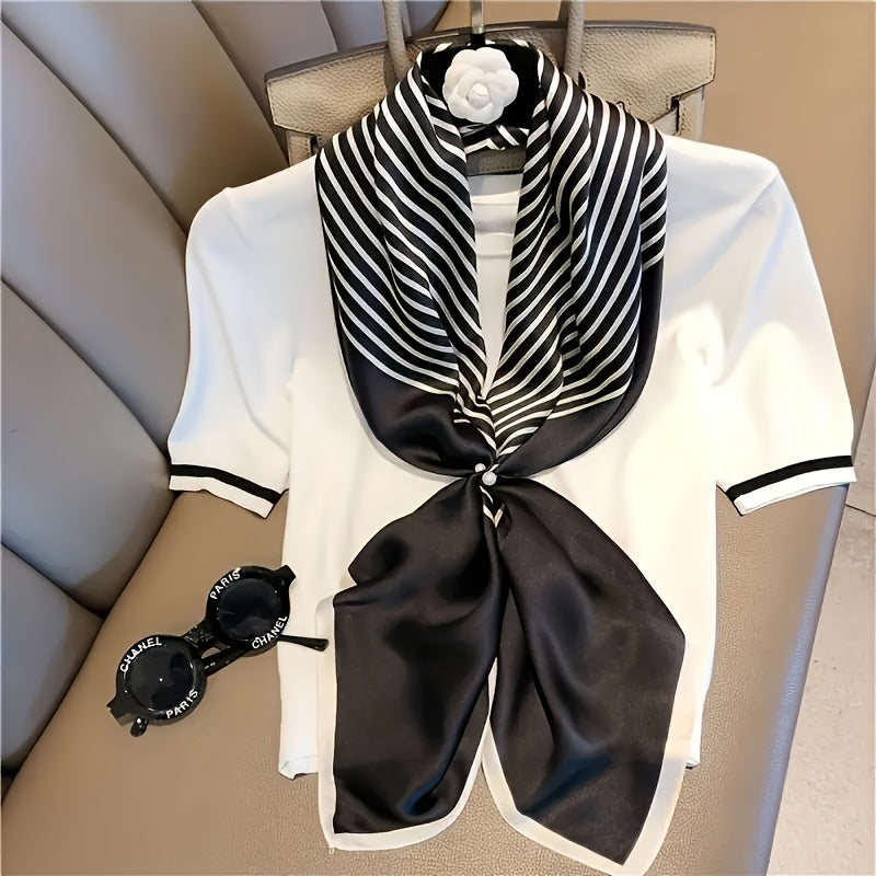 Black and White Satin Square Scarf for Women 89.92cm Boho Evening Beach Accessory
