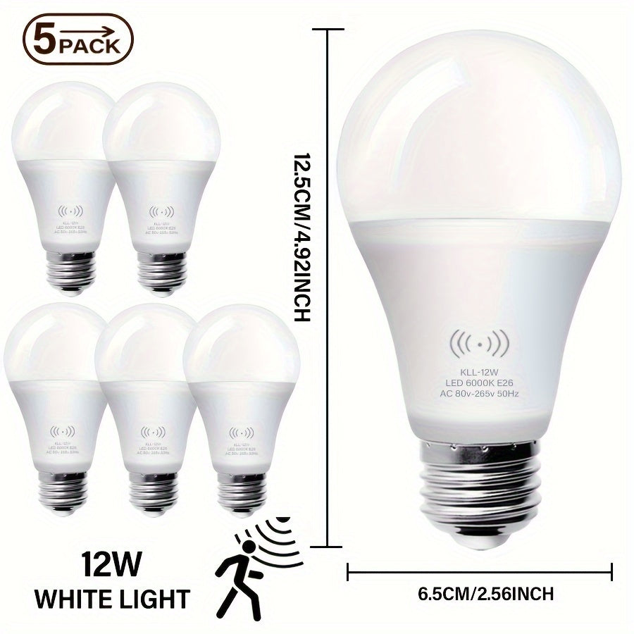 5 Kasotile LED Harakat Sensorli Lampalar, 9W/12W, 3000K/6000K, 1200LM, E26 Asos, Poydevorlar, O'tish joylari, Garajlar uchun Aqlli Yoritish. Energiya tejamkor, zamonaviy oq lampalar harakat sensoriga ega.