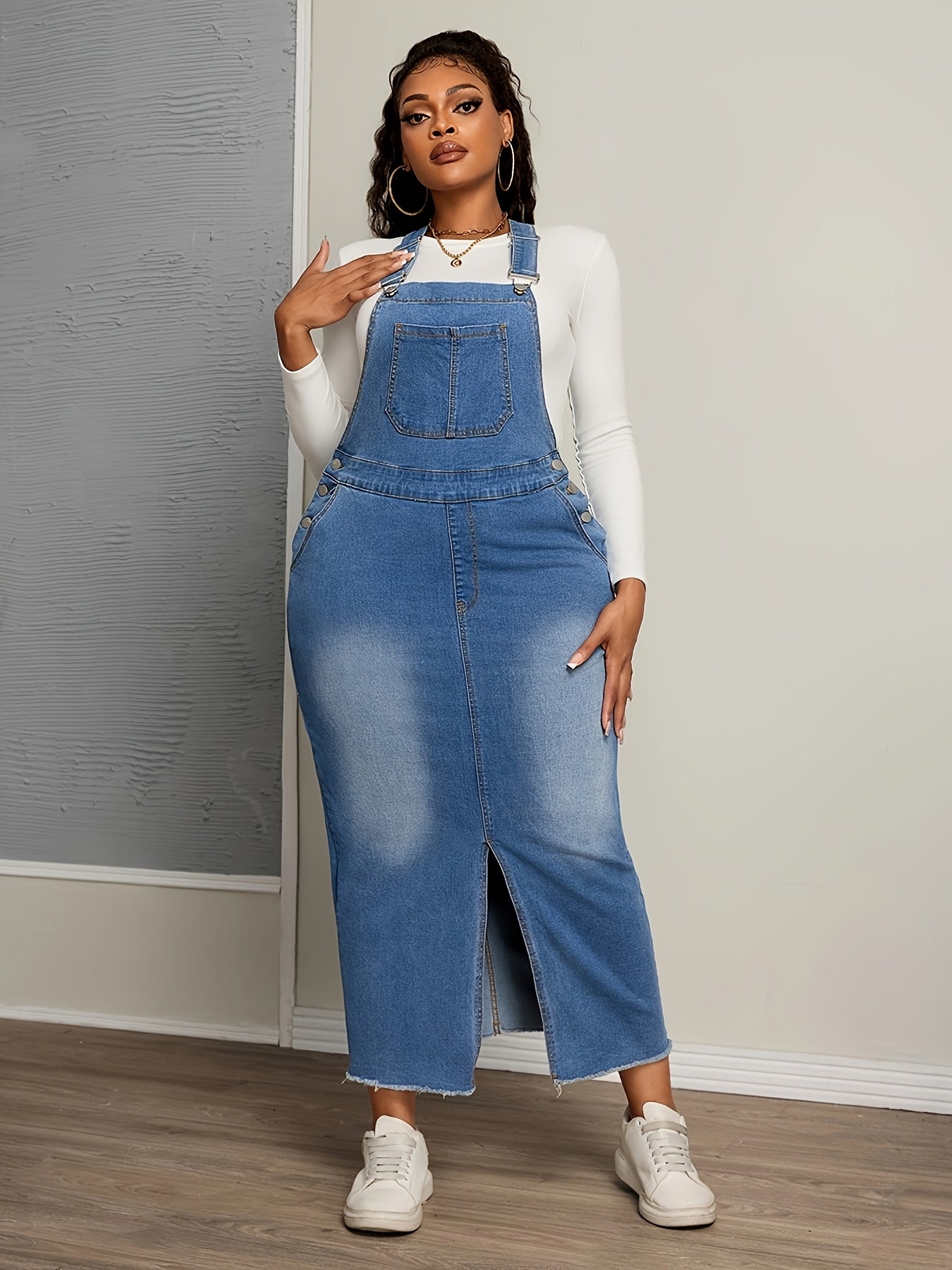 Women's Plus Size Denim Overall Dress with Frayed Hem Casual Autumn Wear
