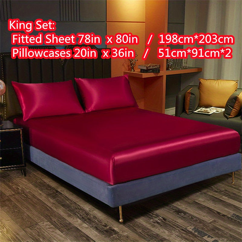 Satin Bedding Set 3 Pieces Fitted Sheet and Pillowcases Solid Color