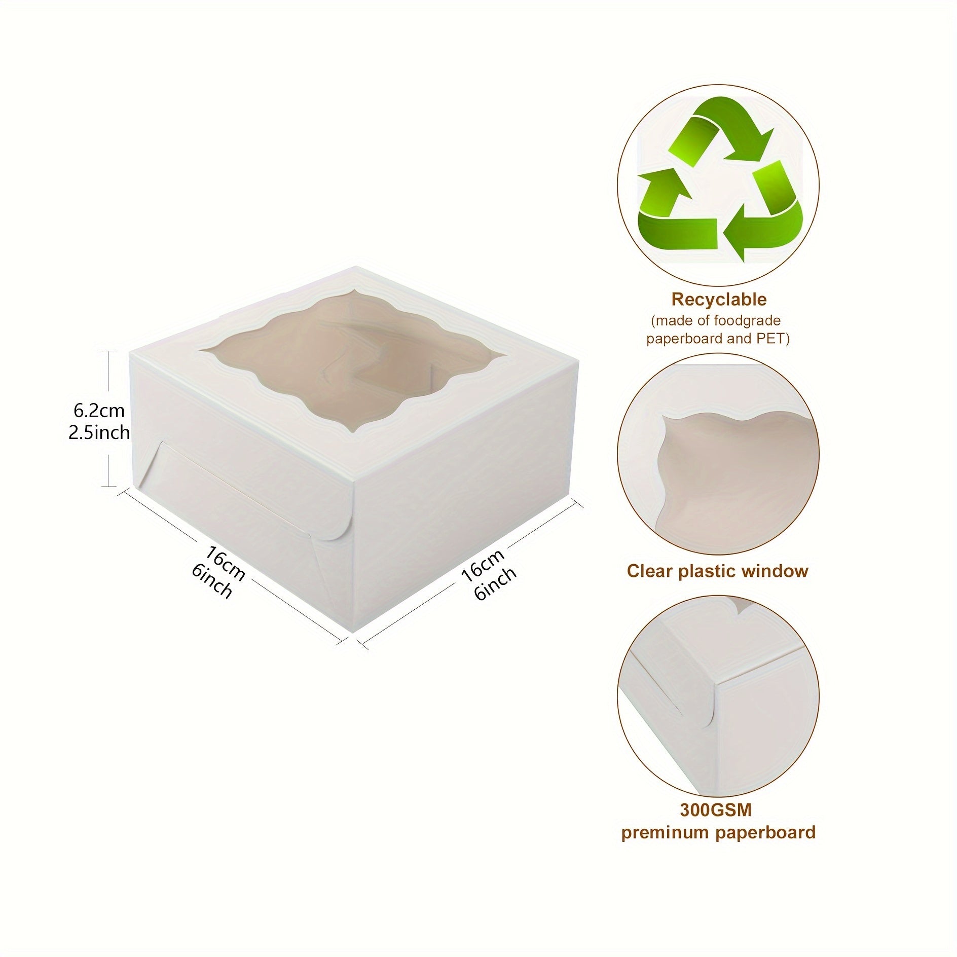 10/25 White Cake Boxes with Clear Window, 15.24x15.24x6.35 cm for Pastries and Baked Goods