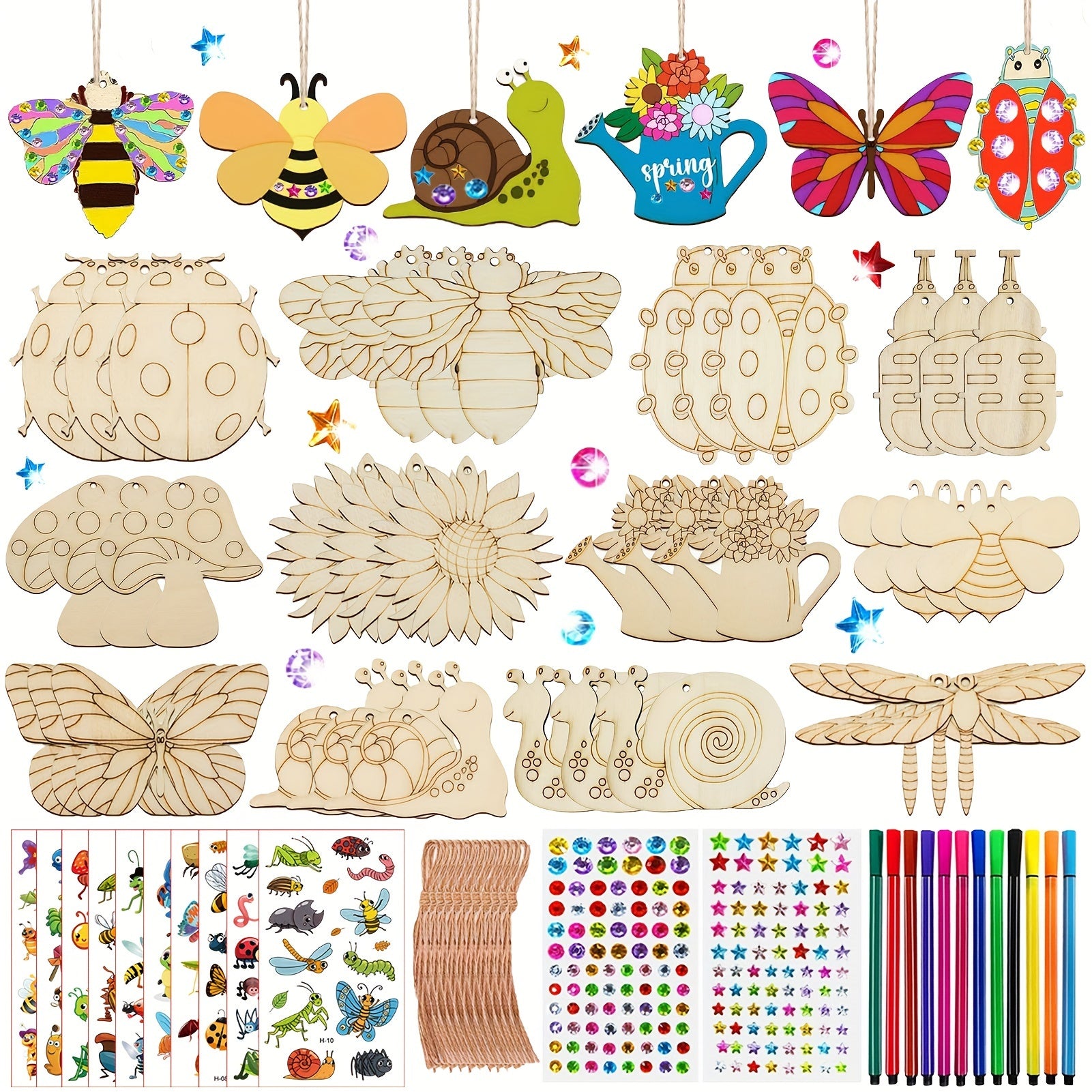 Kit de manualidades de insectos de madera para niños con bloques, bolígrafos de acuarela, piedras de fantasía y pegatinas para cumpleaños DIY
