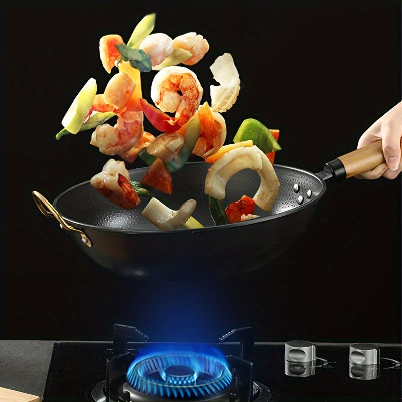 Традиционная сковорода-вок с деревянной ручкой, 34,98 см, антипригарная, плоское дно, подходит для индукционных и газовых плит, универсальная сковорода для жарки.