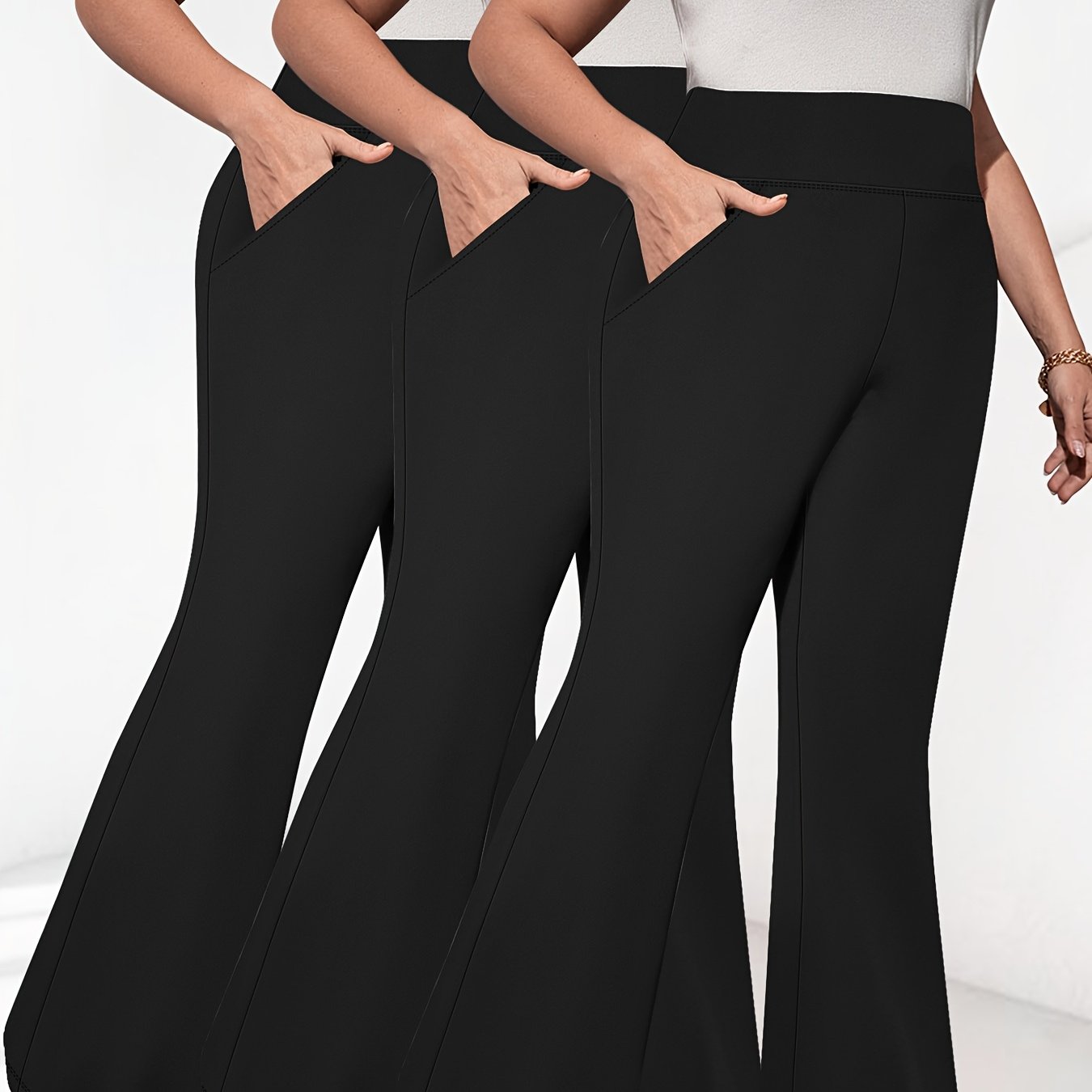 Women's Plus Size High Waist Flared Pants Black All-Season Stretch