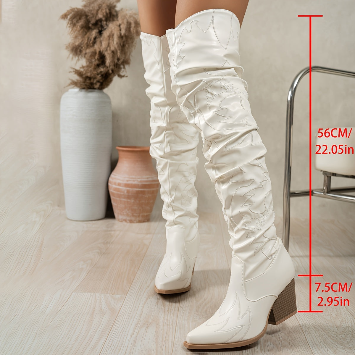 Women’s Over-the-Knee Slip-On Boots Synthetic White Pointed Toe