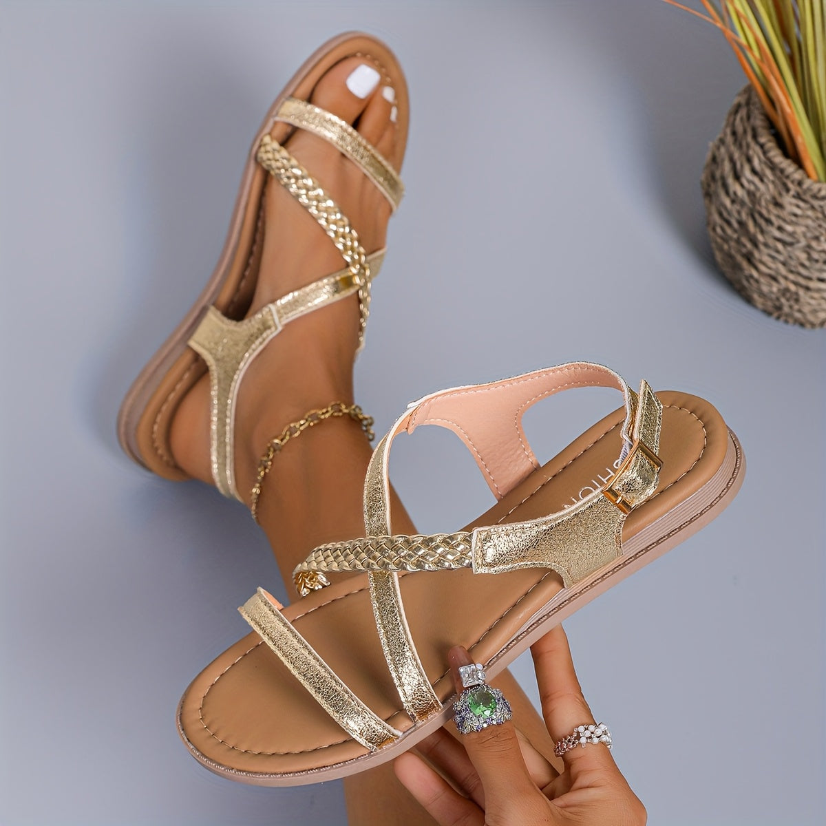 Women's Woven Elastic Strap Flat Sandals Casual Slip-On Beach Shoes