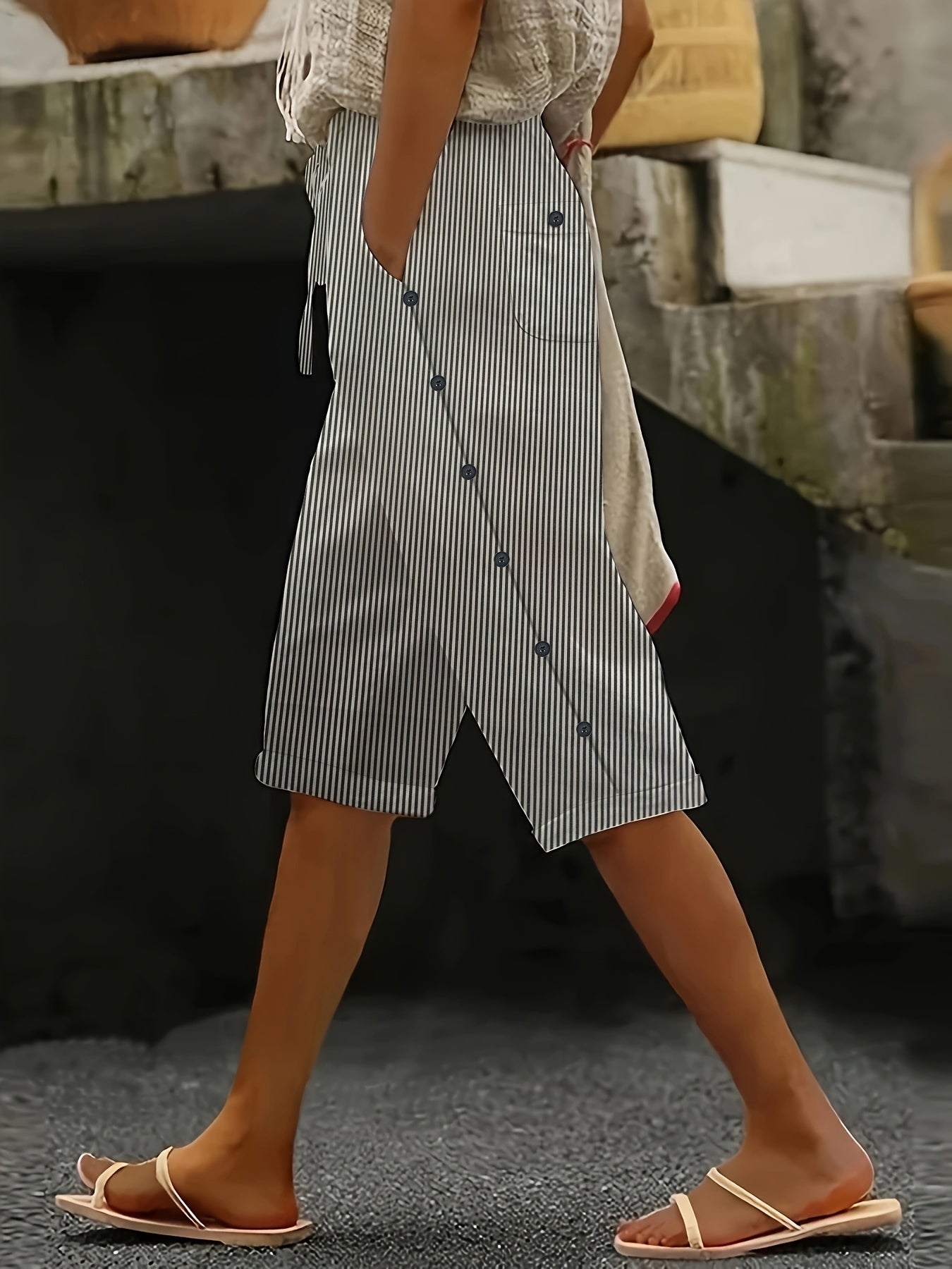 Женские повседневные полосатые брюки с серединой и карманами, регулируемый пояс