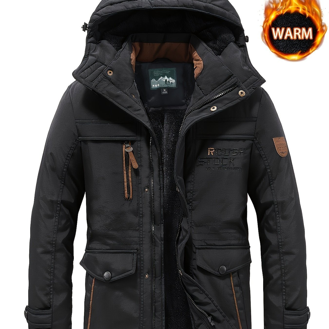 Qalin qish palto, velur astar bilan, ko'p cho'ntakli dizayn, qo'shimcha issiqlik va sovuq qarshilik uchun kapuchonli.