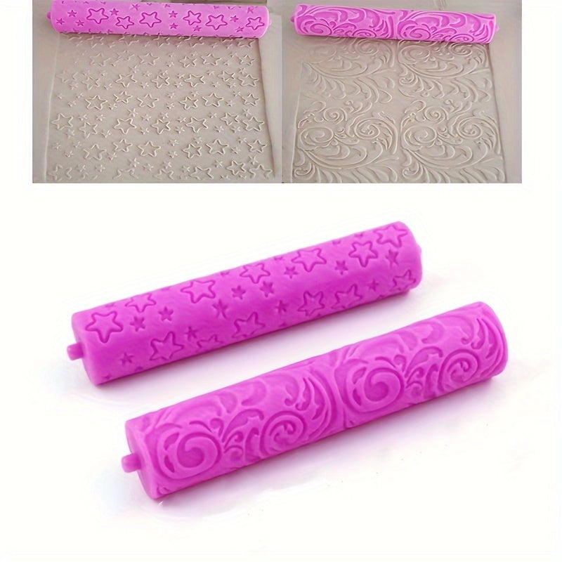 Set of Two Mini Rolling Pins with Star and Swirl Patterns Pink Non-Stick Plastic Baking Fondant Cupcake Decorating