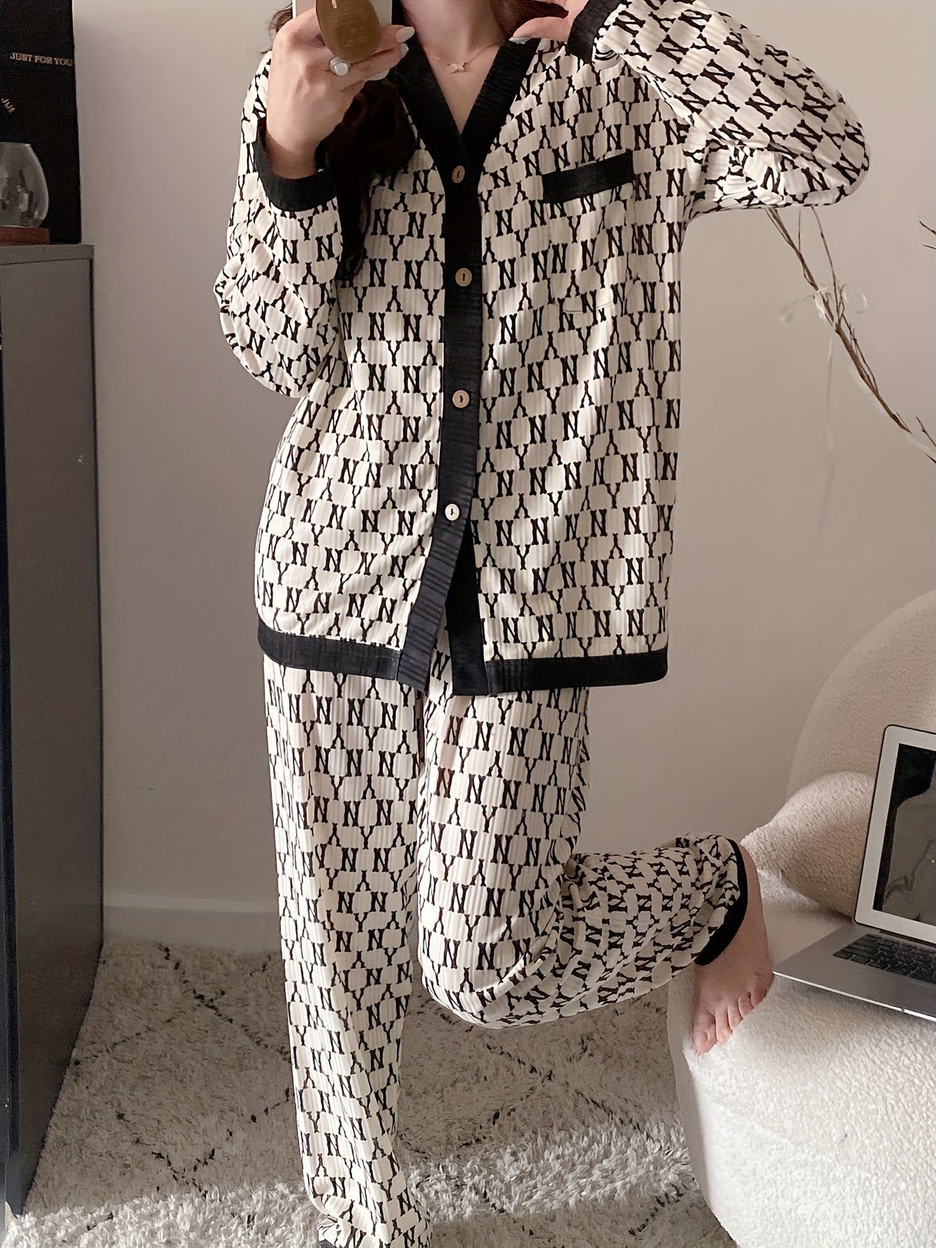 Розовый и синий корейский стиль пижамный комплект для женщин с открытой передней частью, весна, осень, длинный рукав