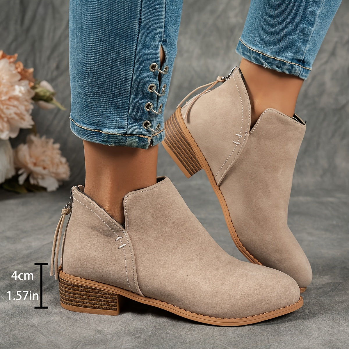 Women's Faux Cover Chunky Block Heel Boots Beige Slip-On Non-Slip Outsole