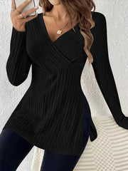 Plus Size Ribbed Knit V-Neck Sweater with Side Split Hem All-Season