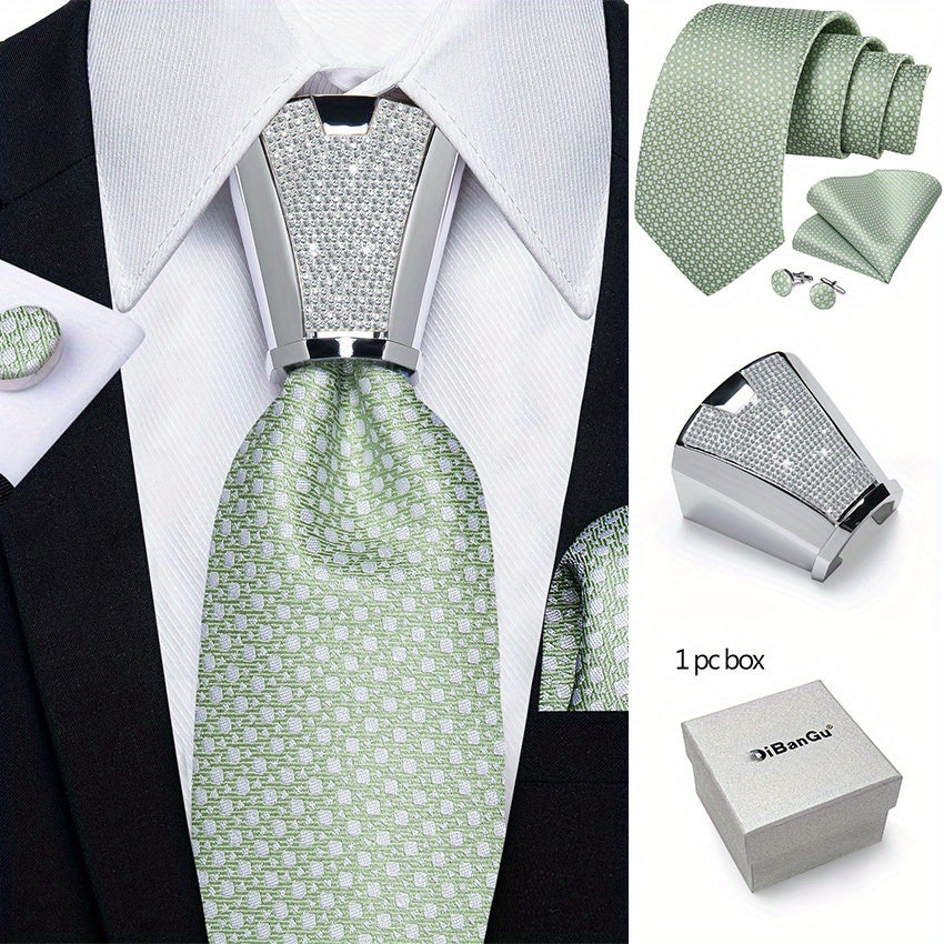 Men's Business Accessory Set with Silver Ring Cufflinks and Handkerchief