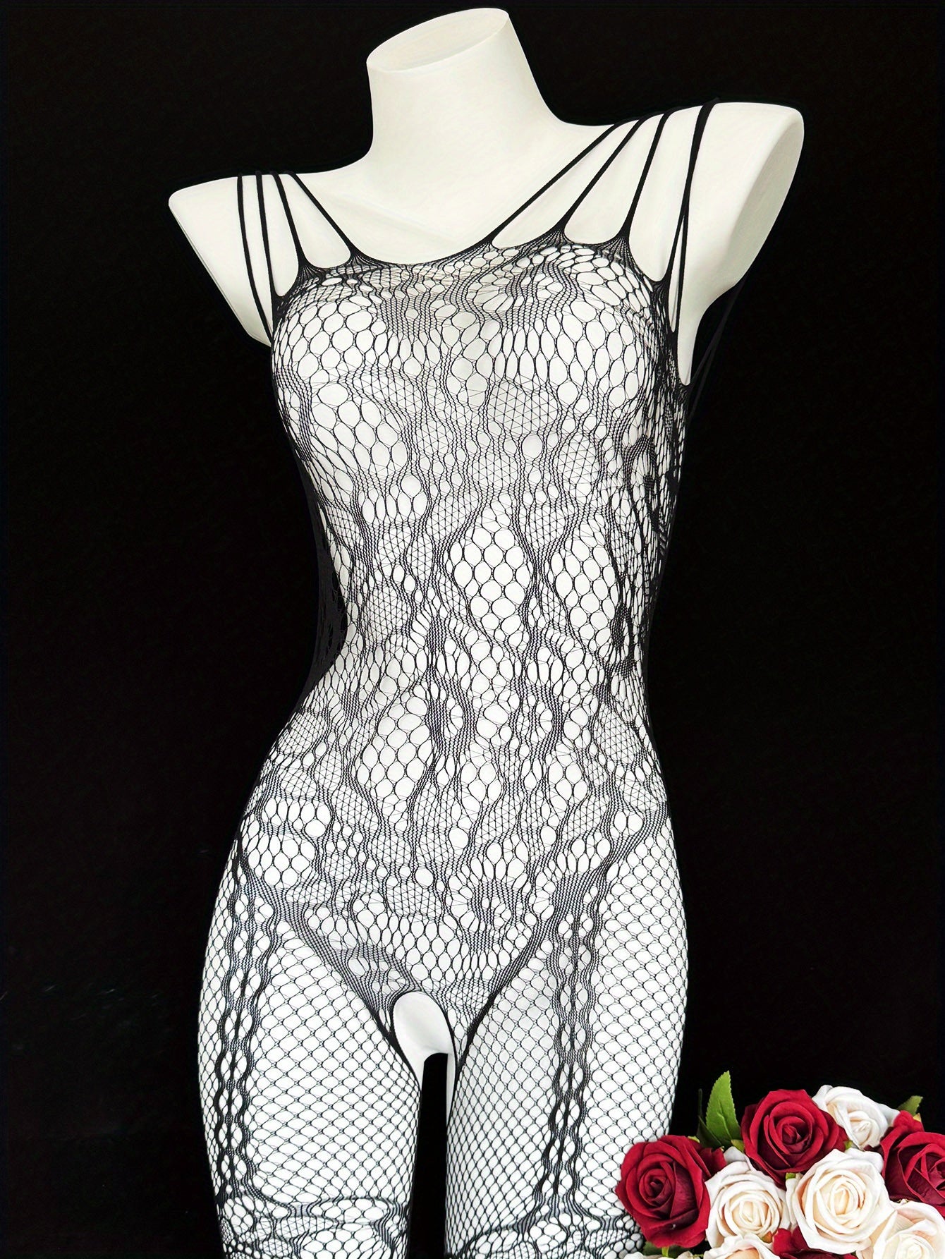 Seductive Fishnet Bodysuit with Jacquard Sleeves Crotchless Garter Socks for Valentine's Day