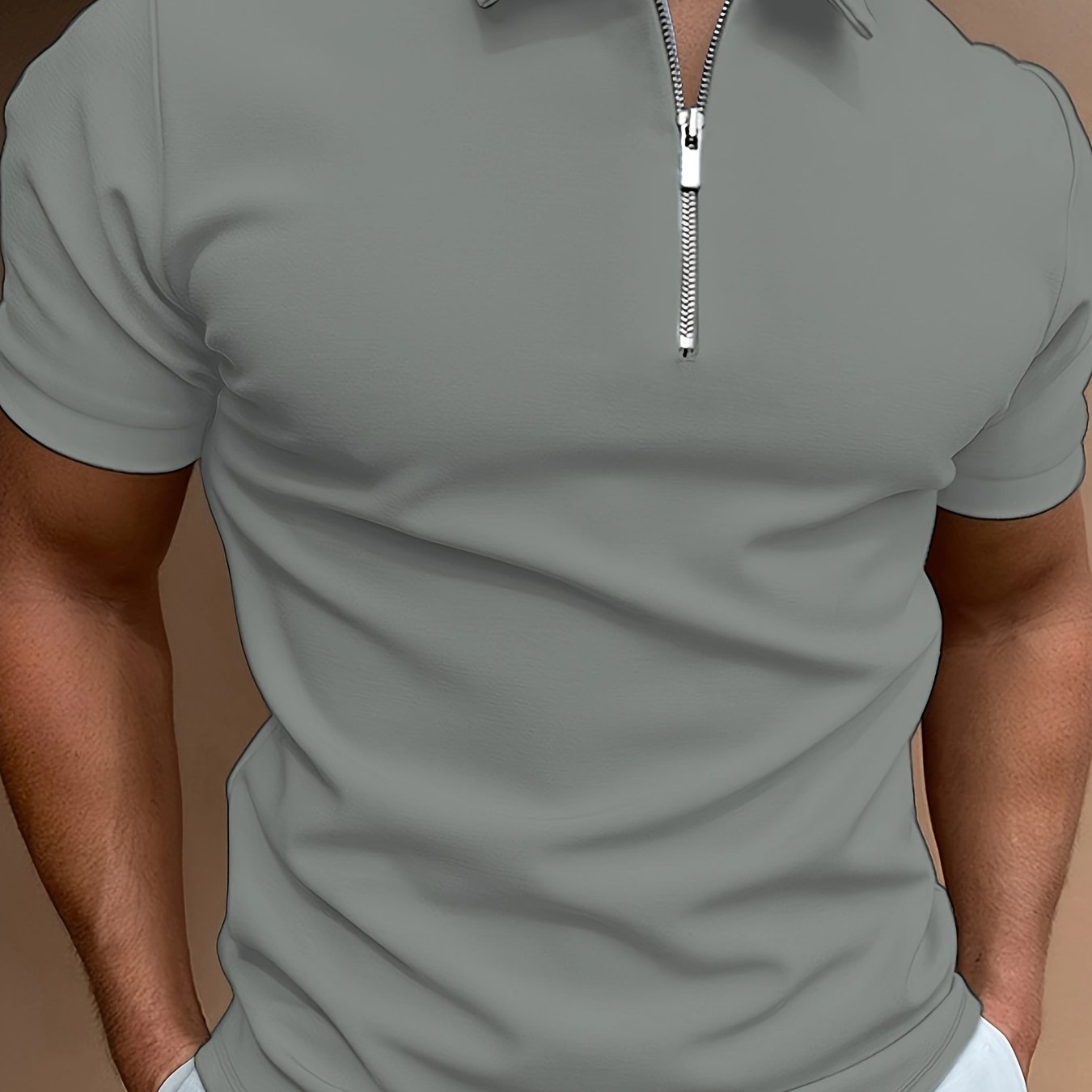 Men's White Short Sleeve Shirt with Zipper Collar Stretch Polyester Casual Golf Summer