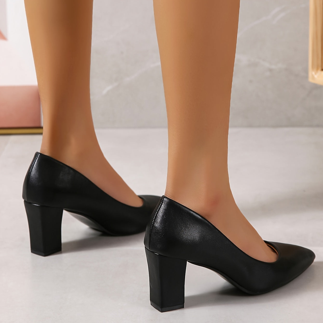 Women's Black Pointed-Toe Pumps with Chunky Heel for All-Season Wear