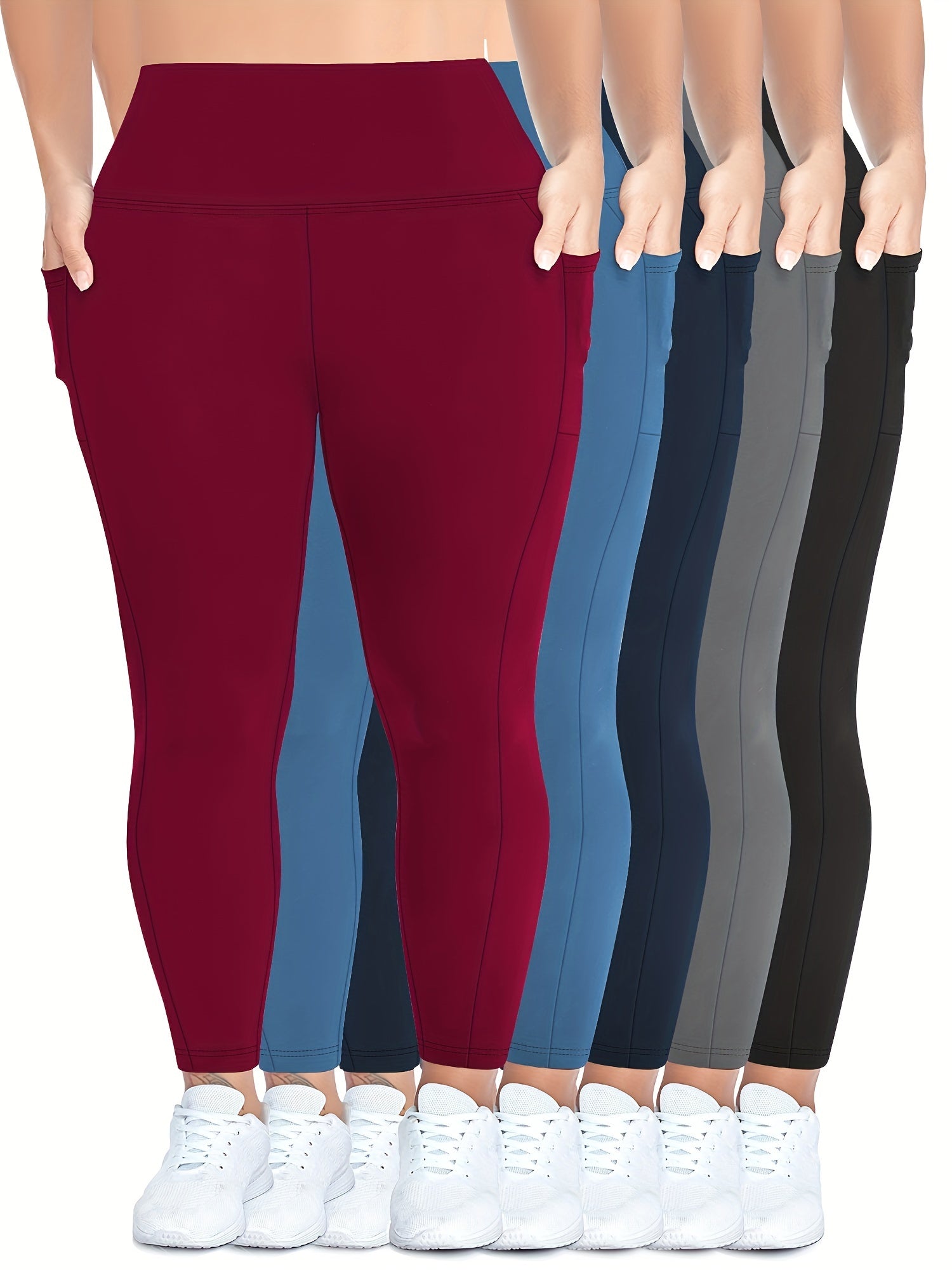 Plus Size Women High-Waisted Leggings Set With Side Pockets 5 Pack