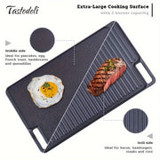 Tastedeli 45.72x25.4sm oldindan tayyorlangan quyma temir ikki tomonlama gril/griddle bilan tanishing! Tashqi sayohatlar, pikniklar va BBQlar uchun ideal - TASTEDELI