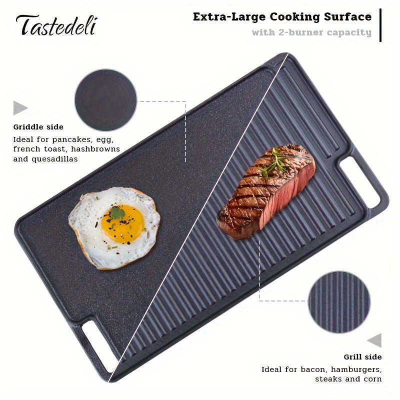 Tastedeli 45.72x25.4sm oldindan tayyorlangan quyma temir ikki tomonlama gril/griddle bilan tanishing! Tashqi sayohatlar, pikniklar va BBQlar uchun ideal - TASTEDELI