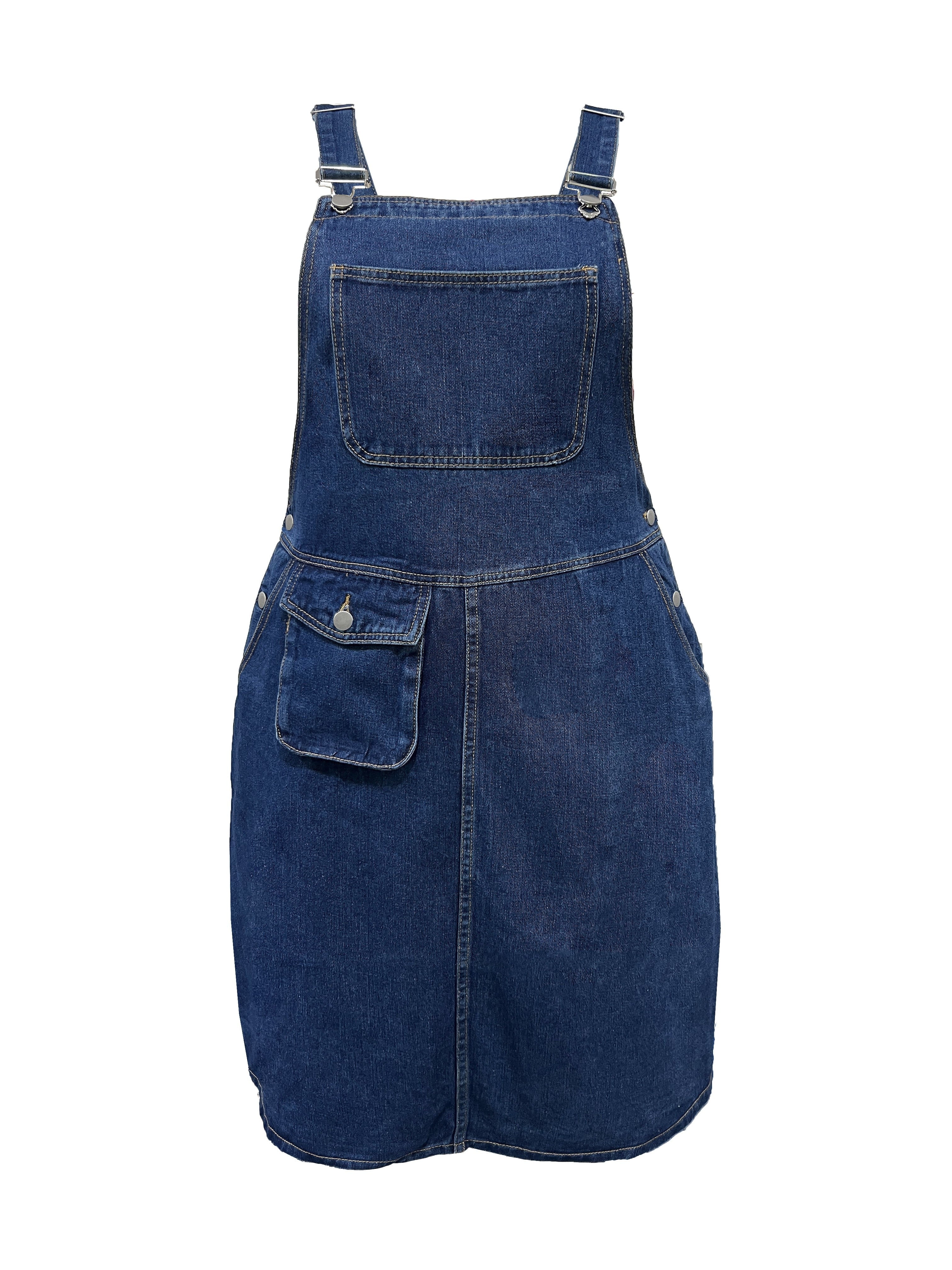 Plus-Size Denim Dress with Adjustable Straps Chest Pocket Casual All-Season
