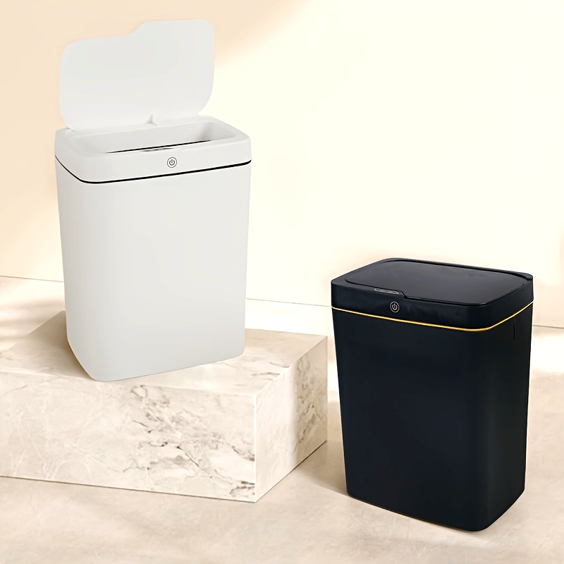 Bote de basura inteligente de 4.75 galones con sensor infrarrojo, apertura con patada, recargable por USB, blanco, negro, acentos en oro, baño, oficina, cocina