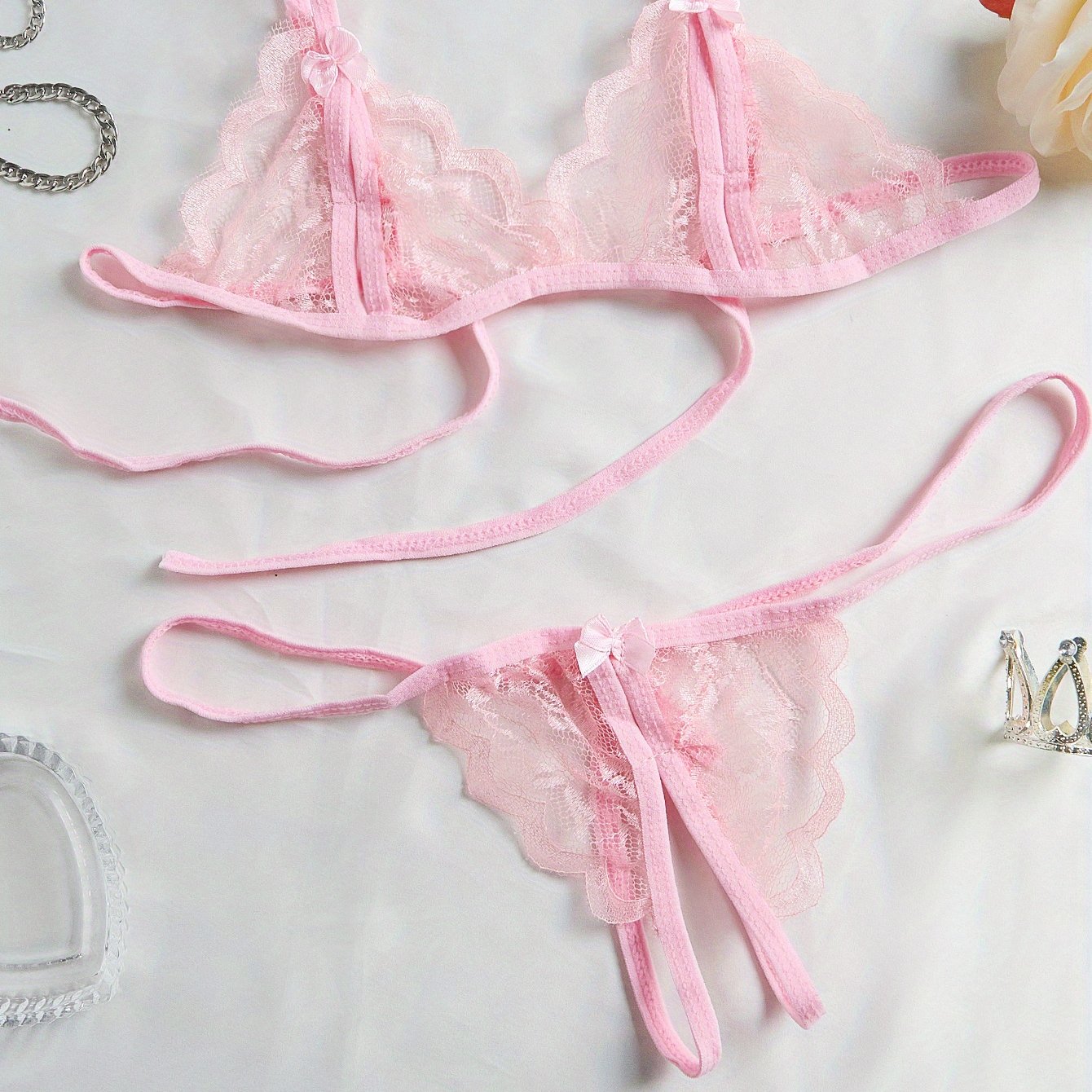 Women Sexy Lingerie Set V-Neck Bra Open Crotch Panties Nylon Blend for Date Night