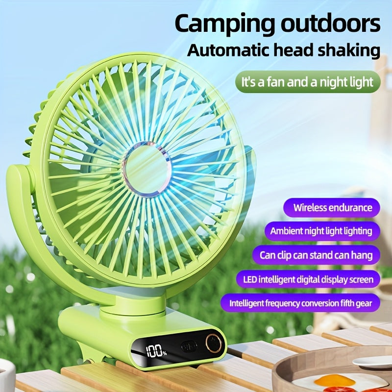 Portable Clip-On Desk Fan with 360° Rotation USB Rechargeable Night Light Oscillating