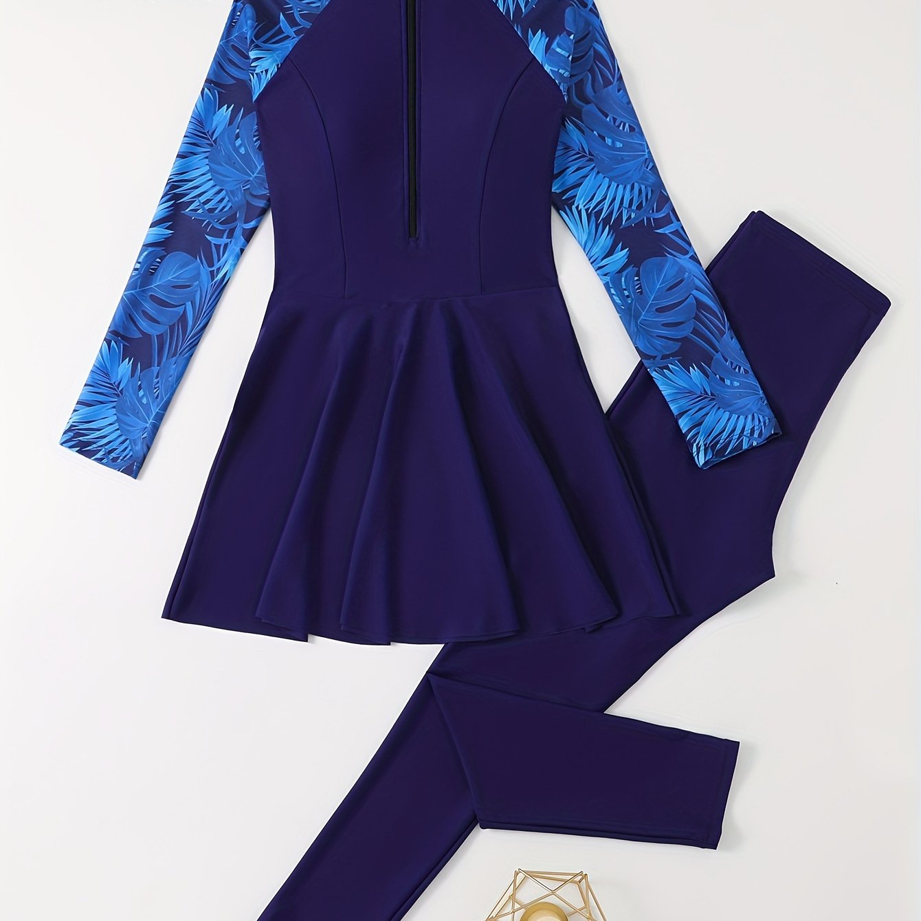 Women's Long Sleeve Printed High Waist Swimsuit Set Sun-Protective Slimming Swimwear