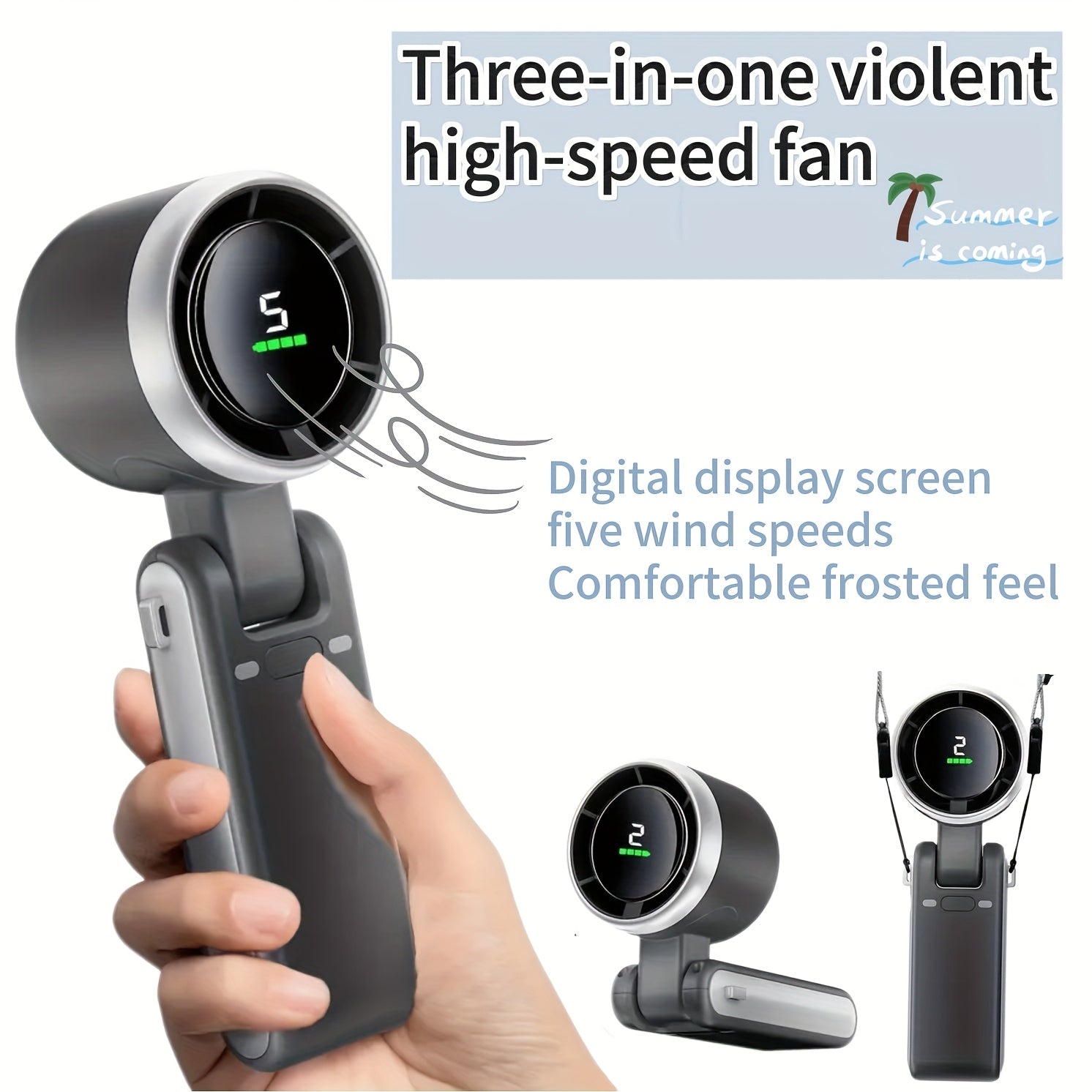 Mini Handheld Fan with 5-Speed Control Digital Display USB Rechargeable for Travel Camping Outdoor Black Gray