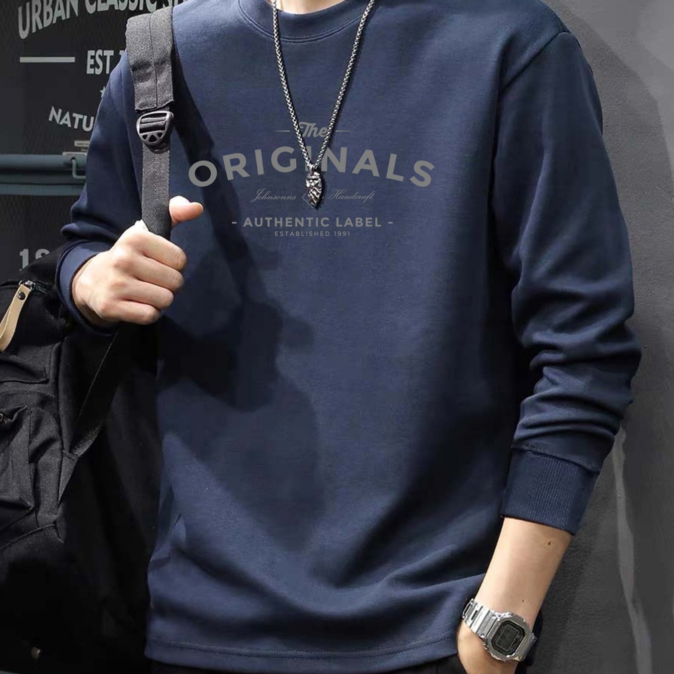 Men's Long Sleeve Cotton T-Shirt with Alphabet Pattern Crew Neck Casual Spring Fall