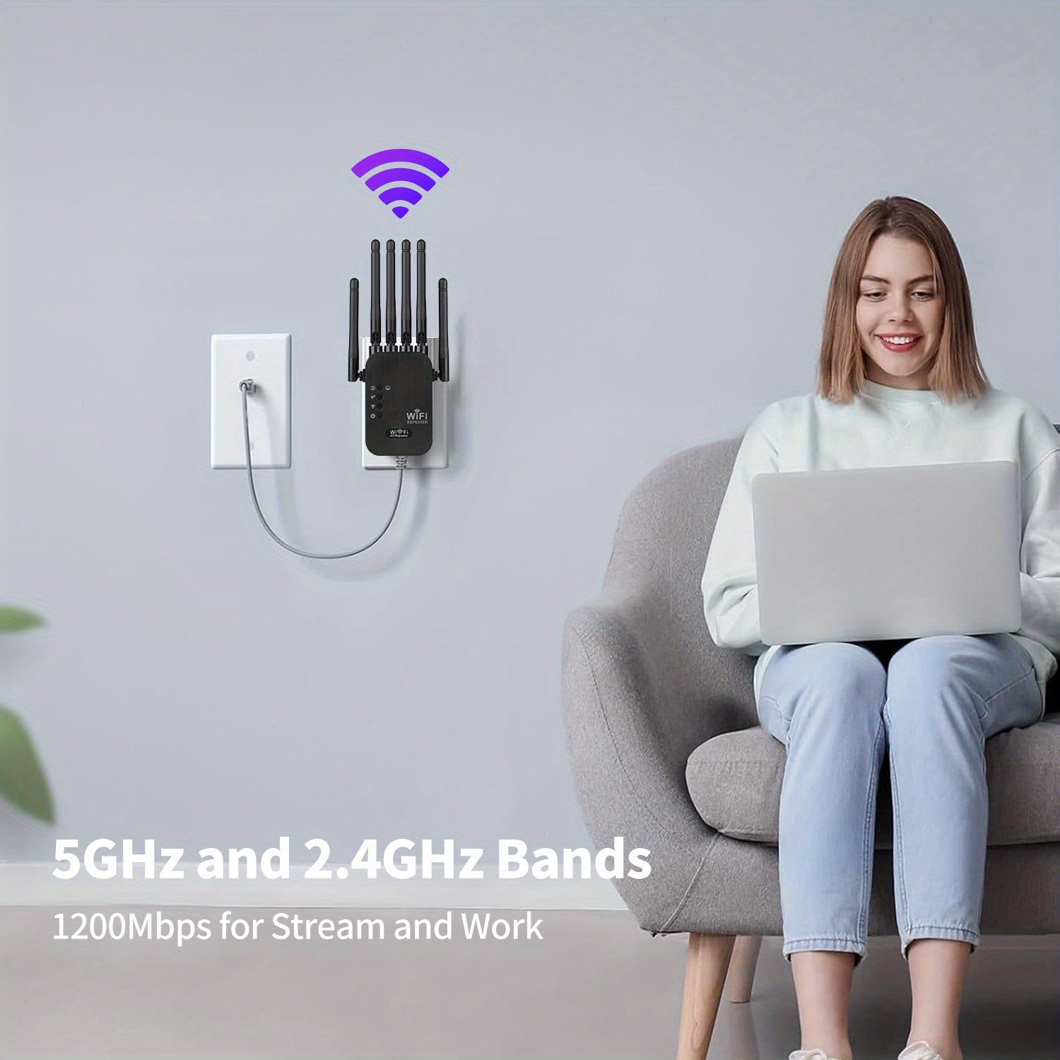 Extensor WiFi de doble banda 2.4G/5GHz 1200Mbps con puerto Ethernet y 6 antenas