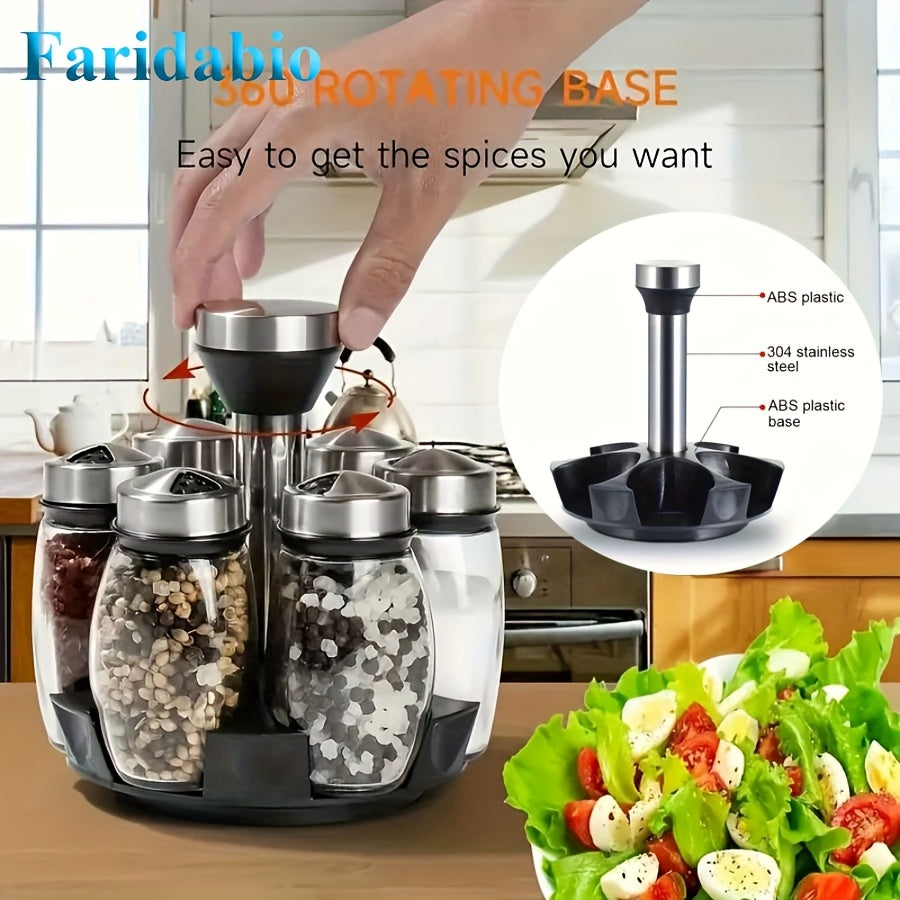 7-Piece Stainless Steel Glass Spice Shaker Set with Salt Pepper Sugar Rotating Base