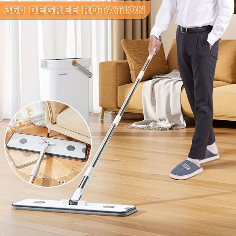 Hand-Free Mop with Long Pole, Large Head, 4 Pads, 360° Rotation