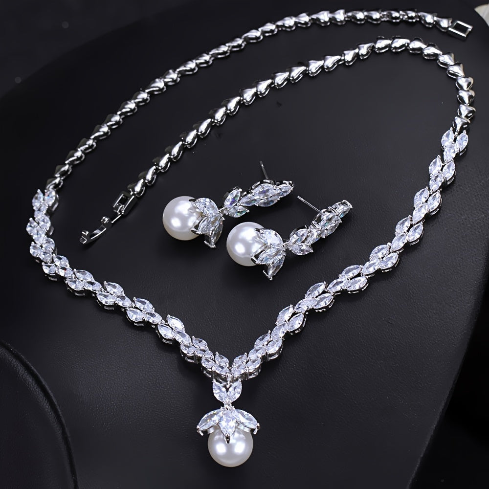 Bridal Jewelry Set with Pearl Pendant Necklace and Earrings Synthetic Cubic Zirconia White