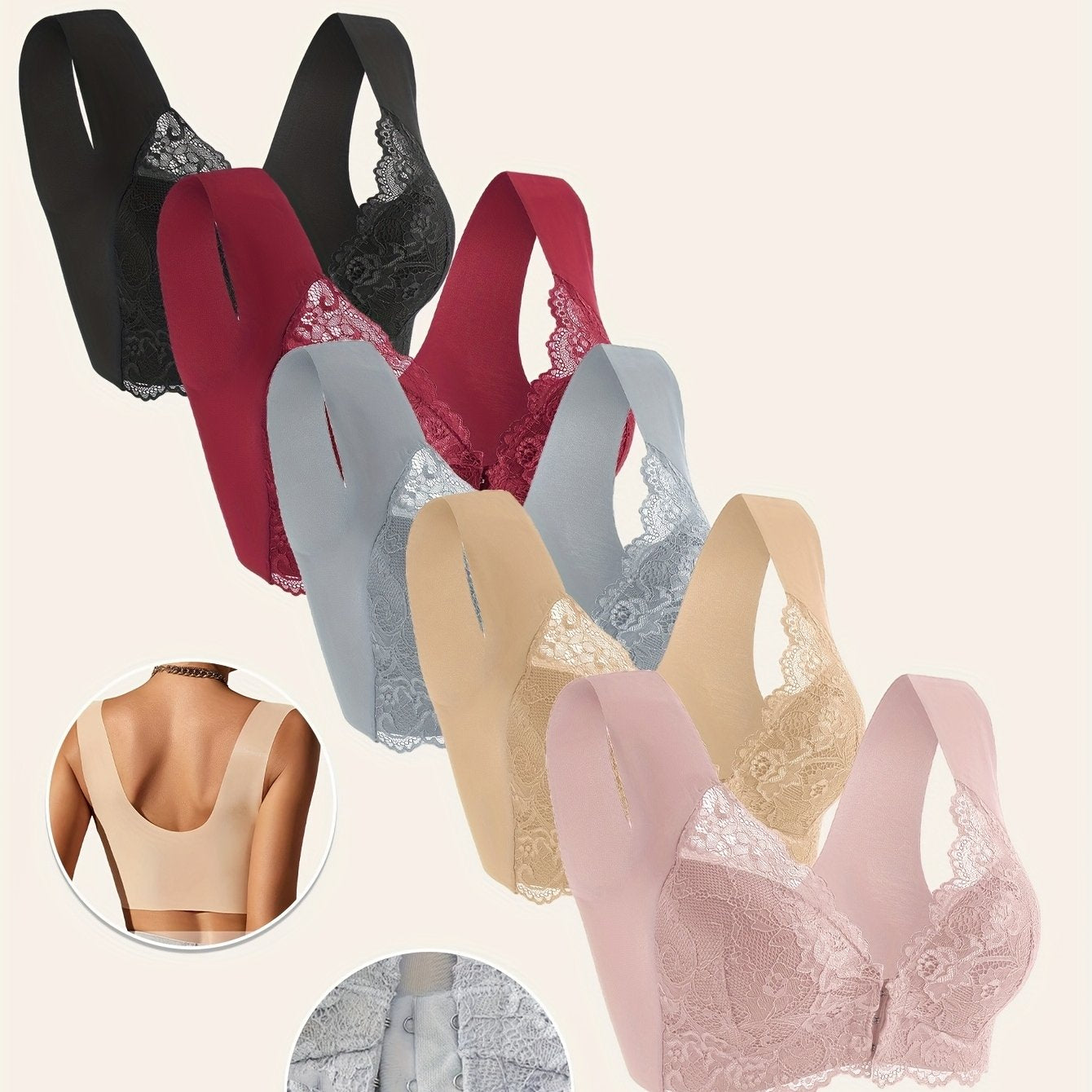 Women's Plus Size V-Neck Lace Trim Bras Pack of 5 No Underwire High Support