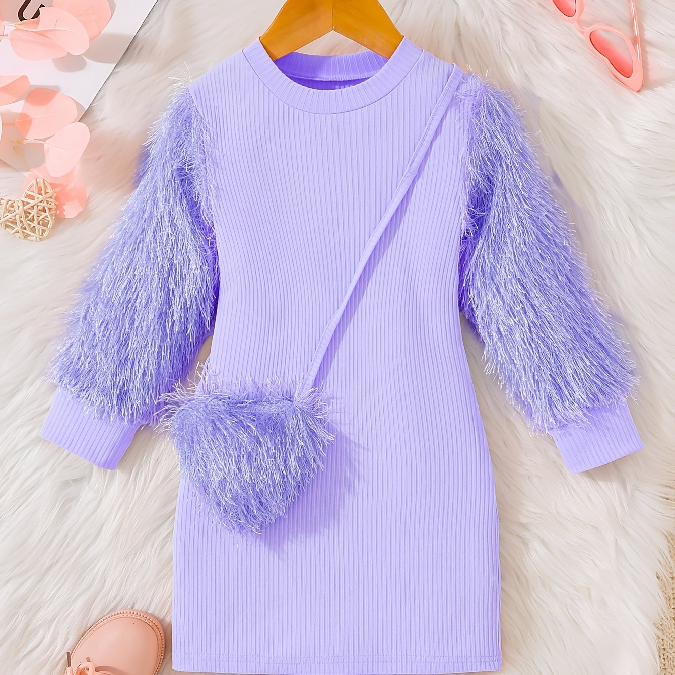 Girls' Pink Tassel Sleeve Dress with Bag Detail for Spring and Fall