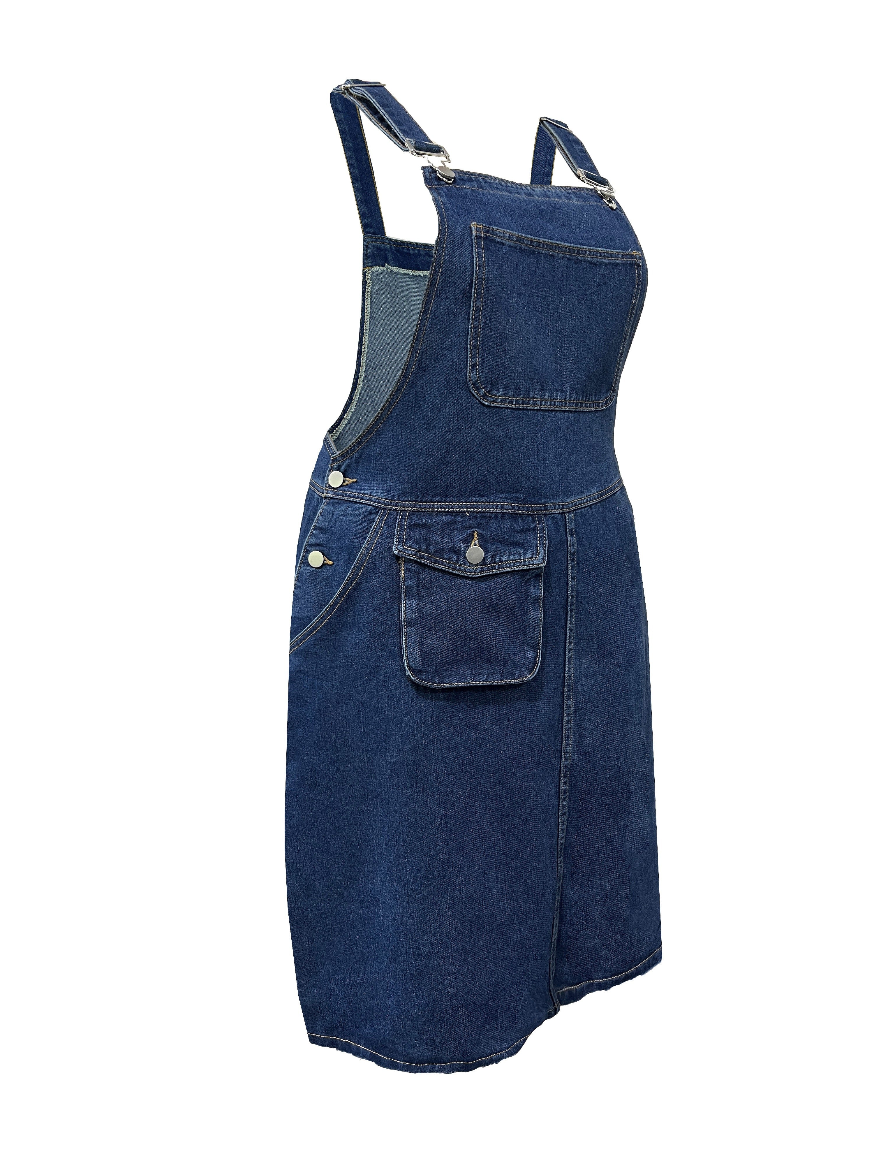 Plus-Size Denim Dress with Adjustable Straps Chest Pocket Casual All-Season