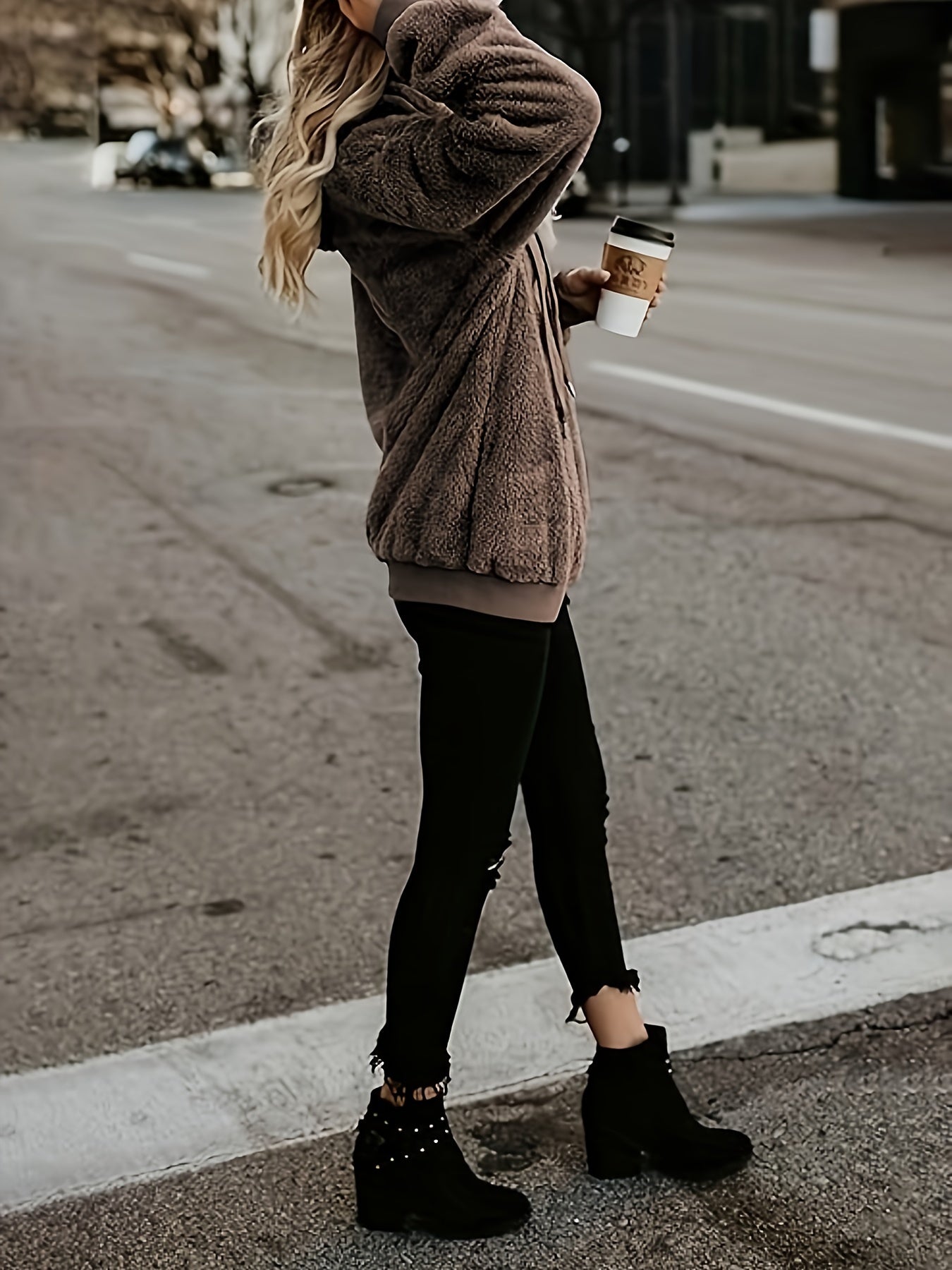 Sudadera con capucha de felpa para mujer talla grande, oversize, cómoda para invierno