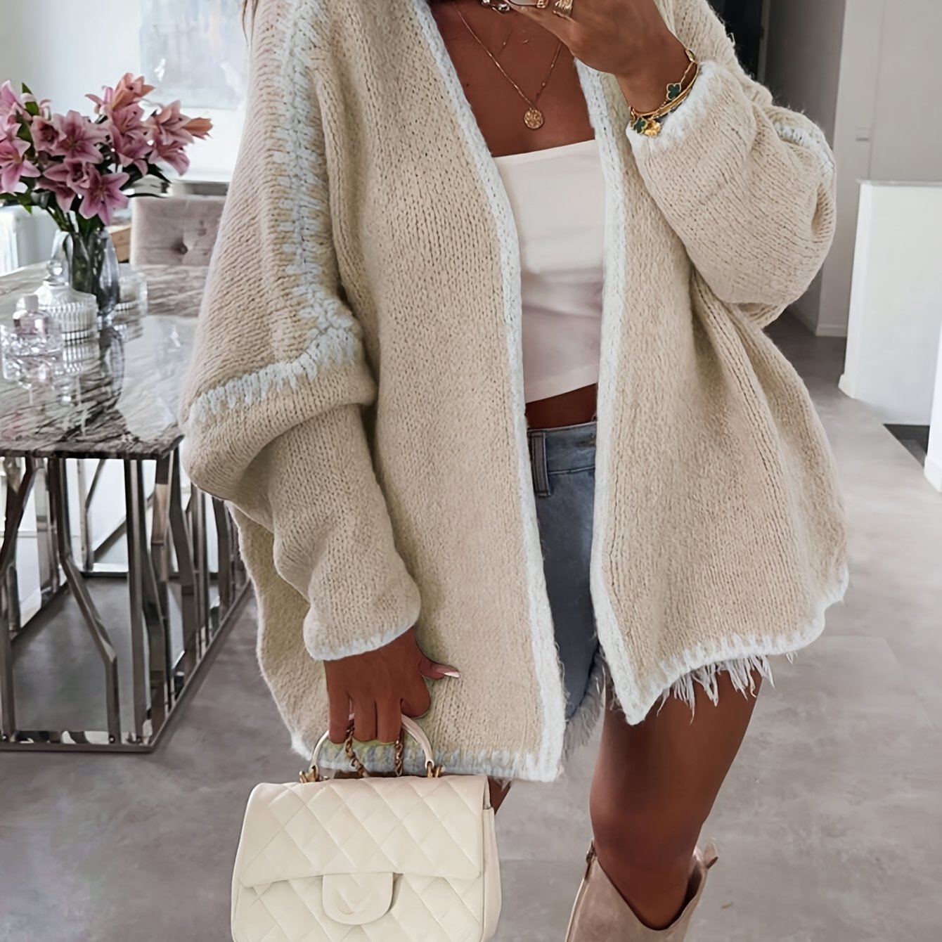 Plus Size Womens Knit Cardigan Polyester Blend Collarless Cozy Fall Winter