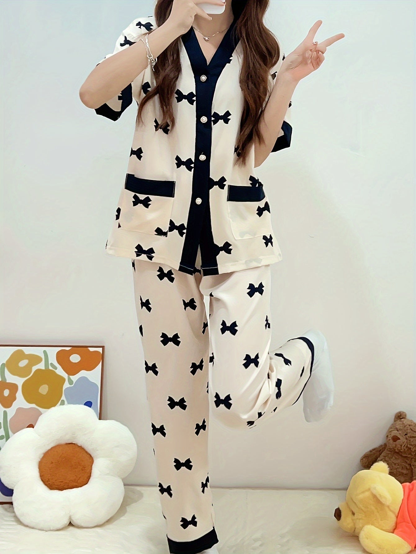 Women's Summer Pajama Set with Heart Pattern Short Sleeve V-Neck Cardigan and Long Pants