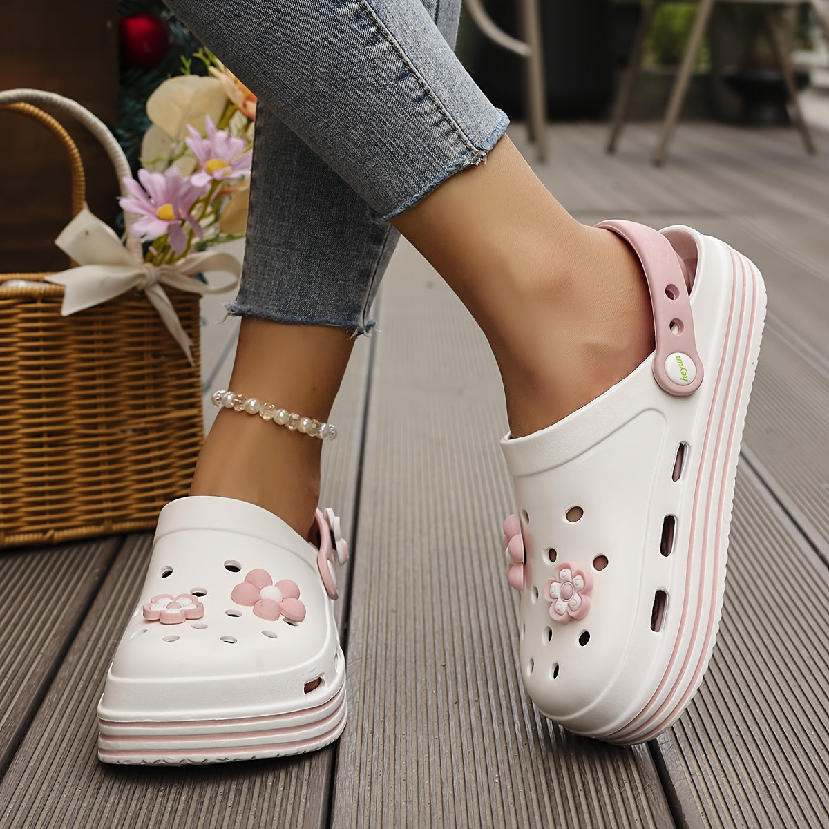 Women's Light Blue Floral Clogs with Thick Platform Breathable EVA