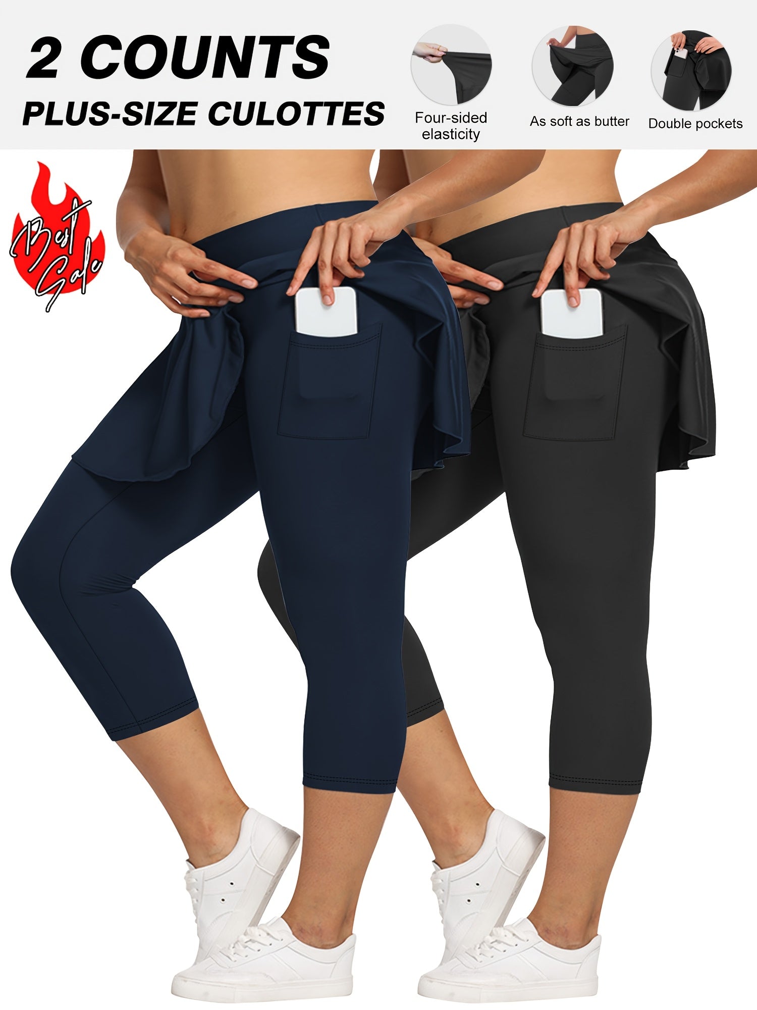 Plus Size High-Waisted Culottes Stretchy Comfortable Solid Color 7/8 Pants