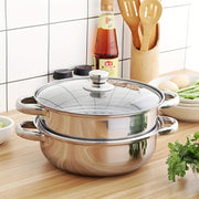 Two-Tier Stainless Steel Steamer Pot Set with Glass Lid, Induction Ready, Food and Vegetable Steaming