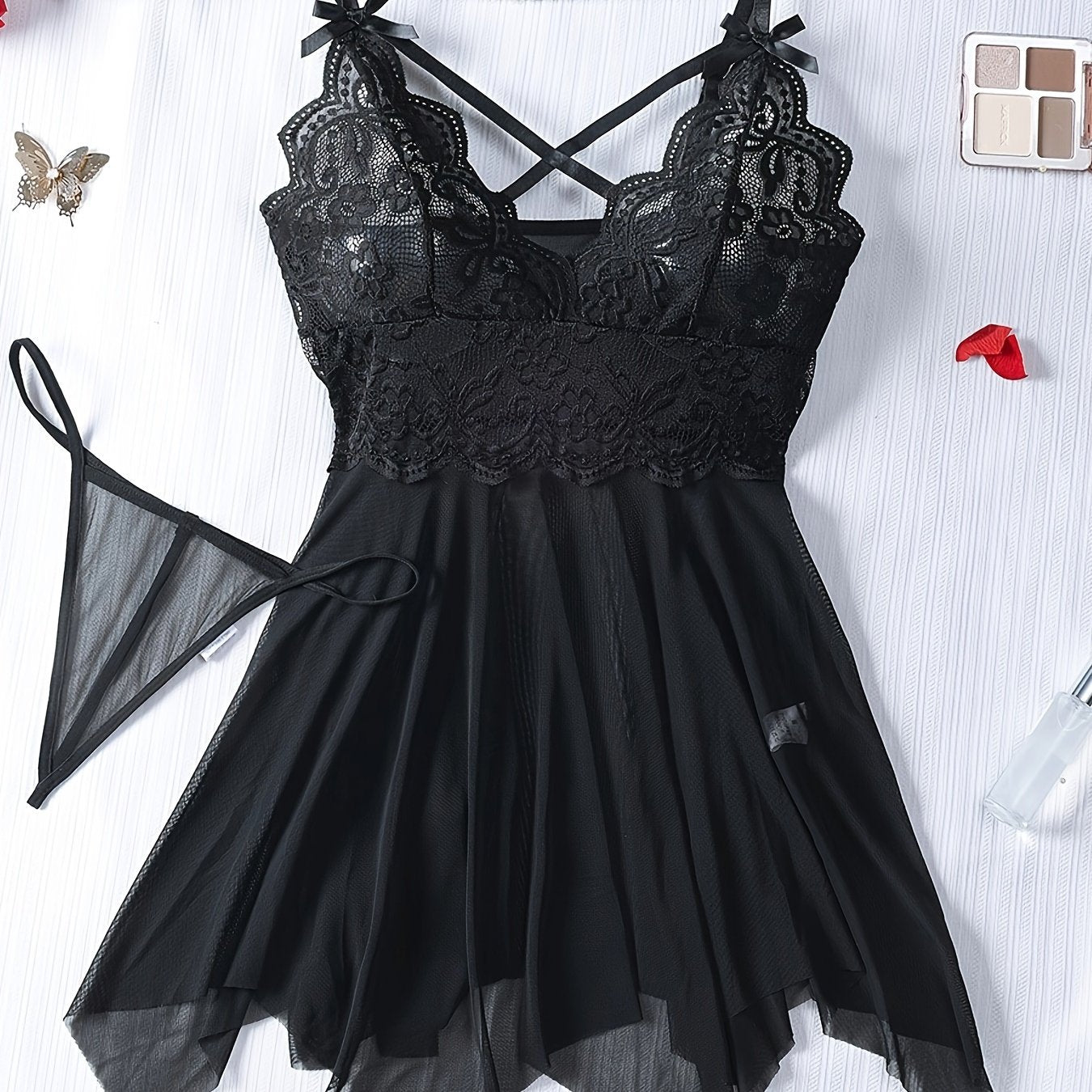 Women’s Asymmetrical Mesh Lace Cami Dress and Thong Lingerie Set