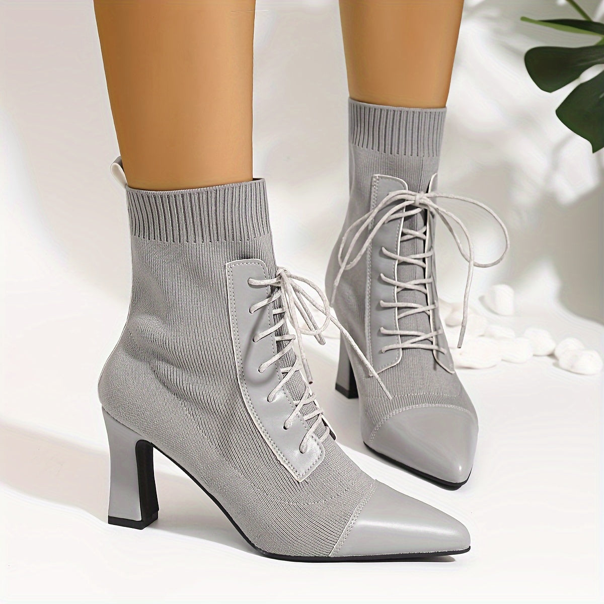 Women's Grey Ankle Boots with Pointed Toes and Chunky Heels