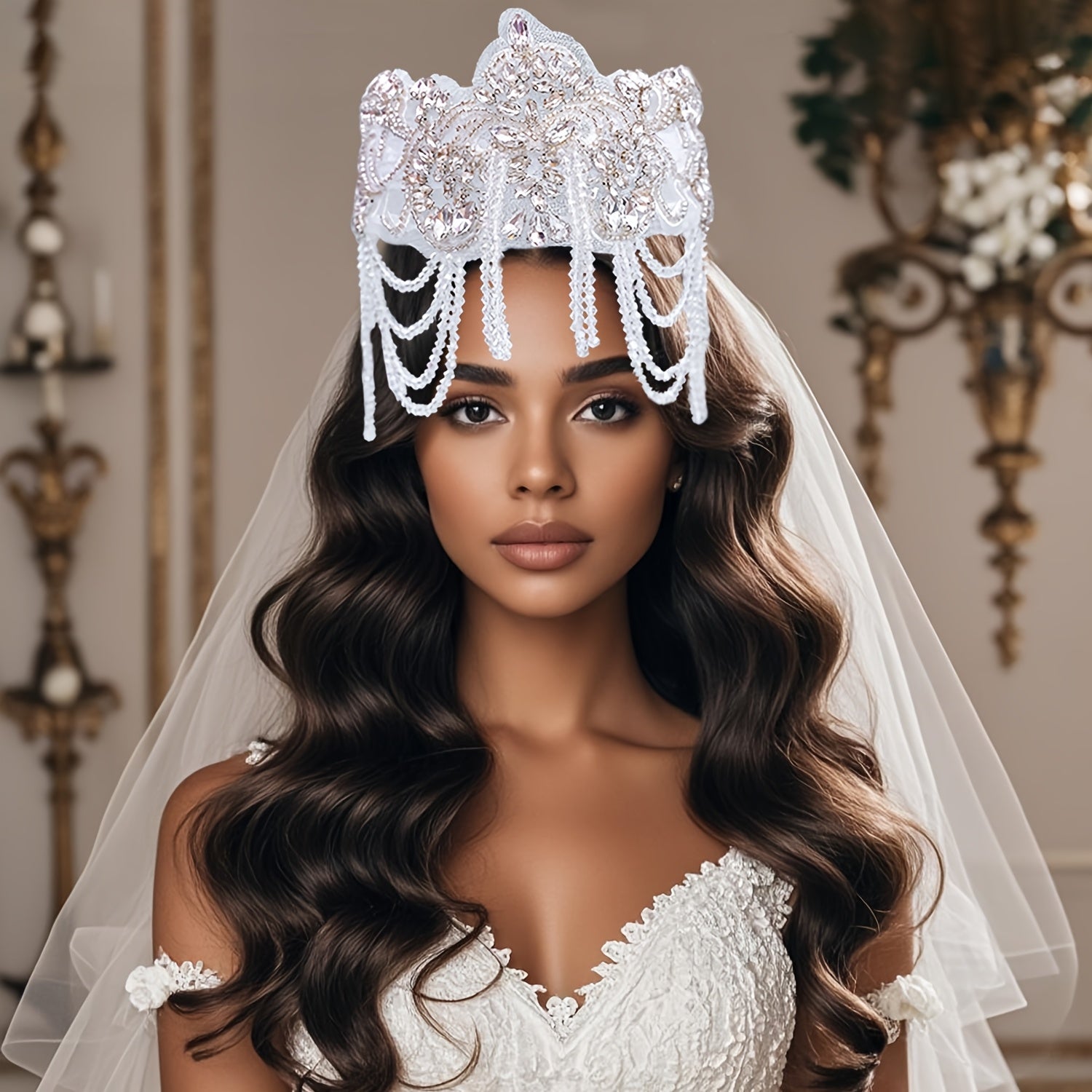 Women's Faux Hair Crown Wedding Tiara Beaded Tassel Rhinestone Headband Bridal Accessory