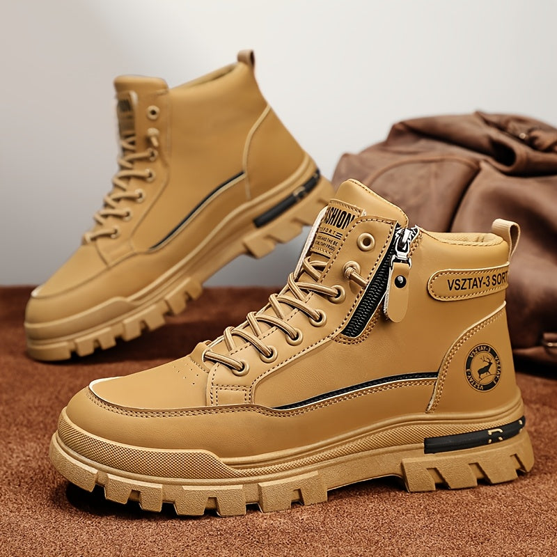 Men's High Top Casual Hiking Shoes Solid Color All-Season PU Fabric Toe Zipper