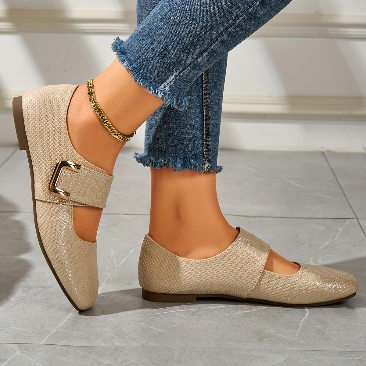 Women's Mary Jane Flats Square Toe Non-Slip Soft Sole Casual Shoes in White Beige Yellow